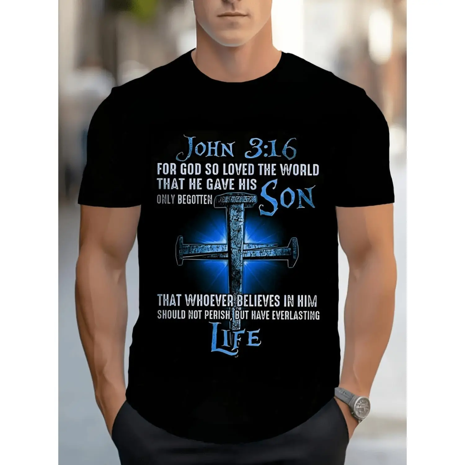Men's Plus Size Cross of Jesus Christ Graphic T shirt with "For God So Loved the World" Scripture Print Casual Crew Neck Short Sleeve Regular Fit Everyday T shirt Bold Print Style Stretch Fabric