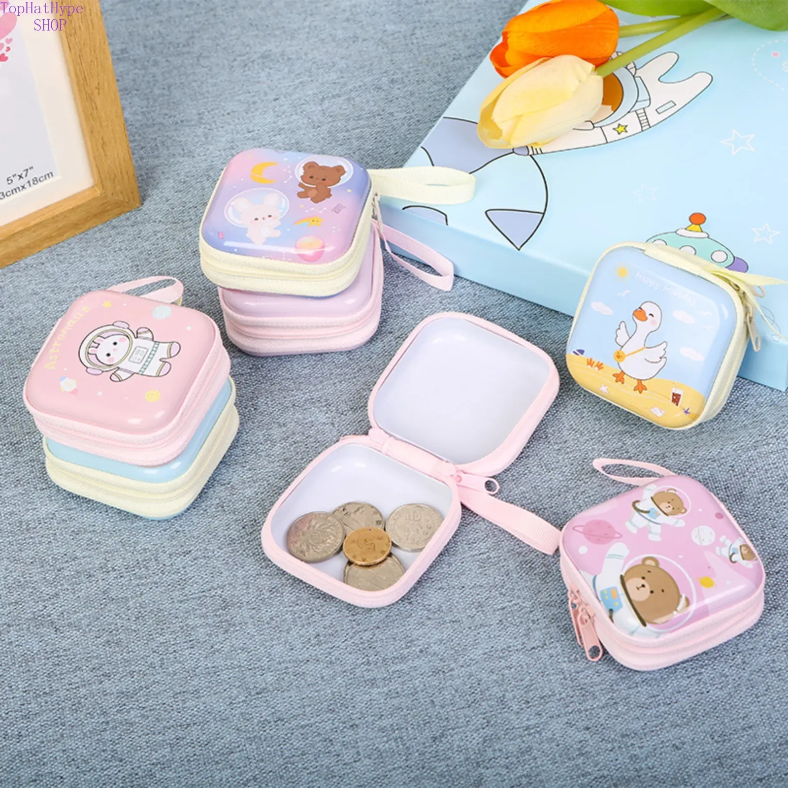 Tinplate Coin Purse for Kids, Korean Style Mini Sized Zipper Pouch with Cute Graphic Pink Unicorn & Milk Tea Rabbit Prints for Children's Bags, Childrens Bag, Pouches Toddler, Zippered Pouch
