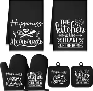 Farmhouse Style 6 Pcs Kitchen Decor Accessories Set - 2 Dish Towels, 2 Potholders, 2 Cooking Mittens, Oven Glove for Christmas Baking & Cooking Supply Black Kitchen