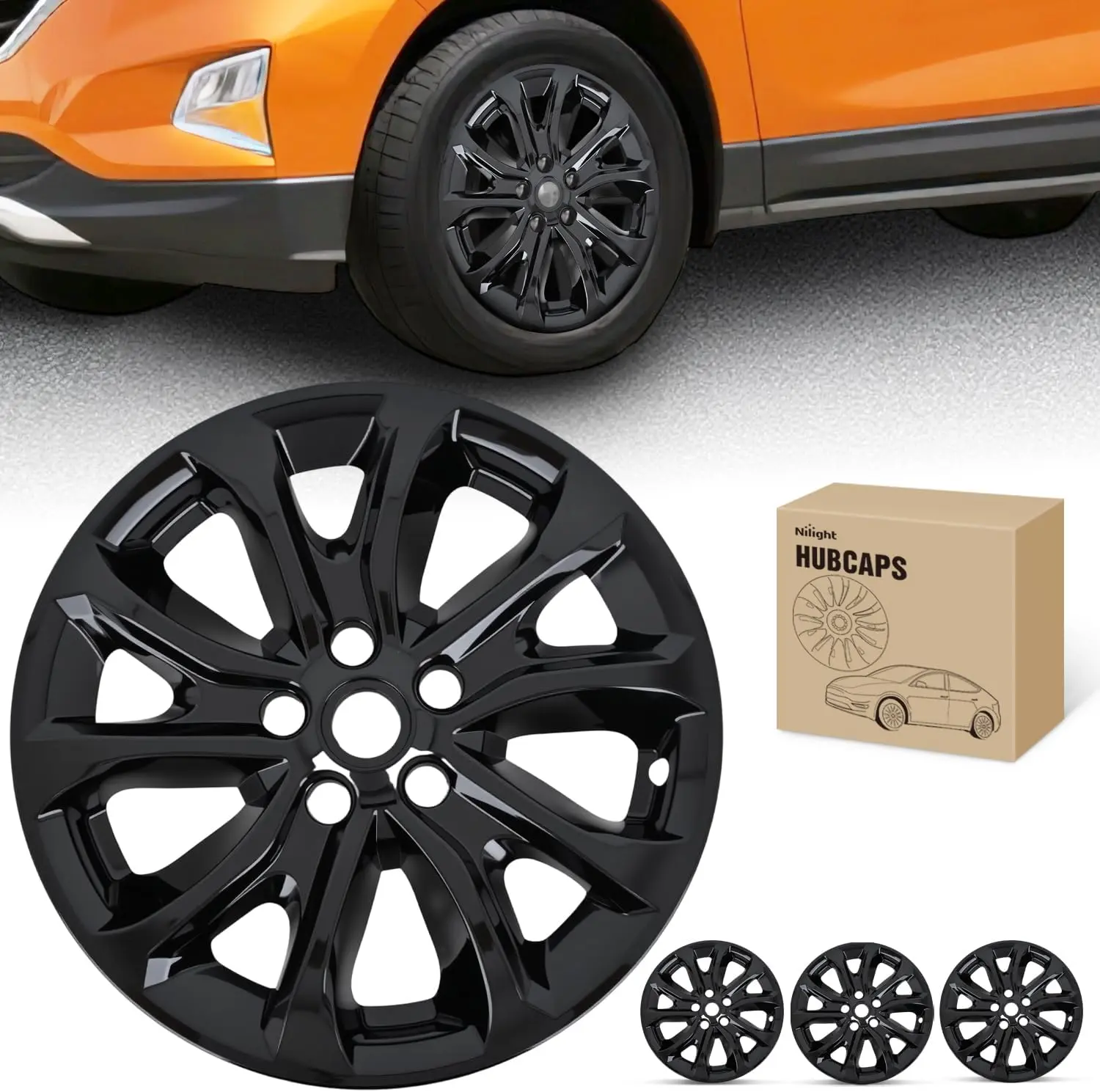 Nilight 17-Inch Black 10-Spoke ABS-PC Hubcaps, 4-Piece Wheel Cover Replacement Set, Automotive Tools, Scratch Guard for Chevy Chevrolet Equinox 2018-2021, 17 Inch Rims/Car Rims Protectors, Part No. 84450624
