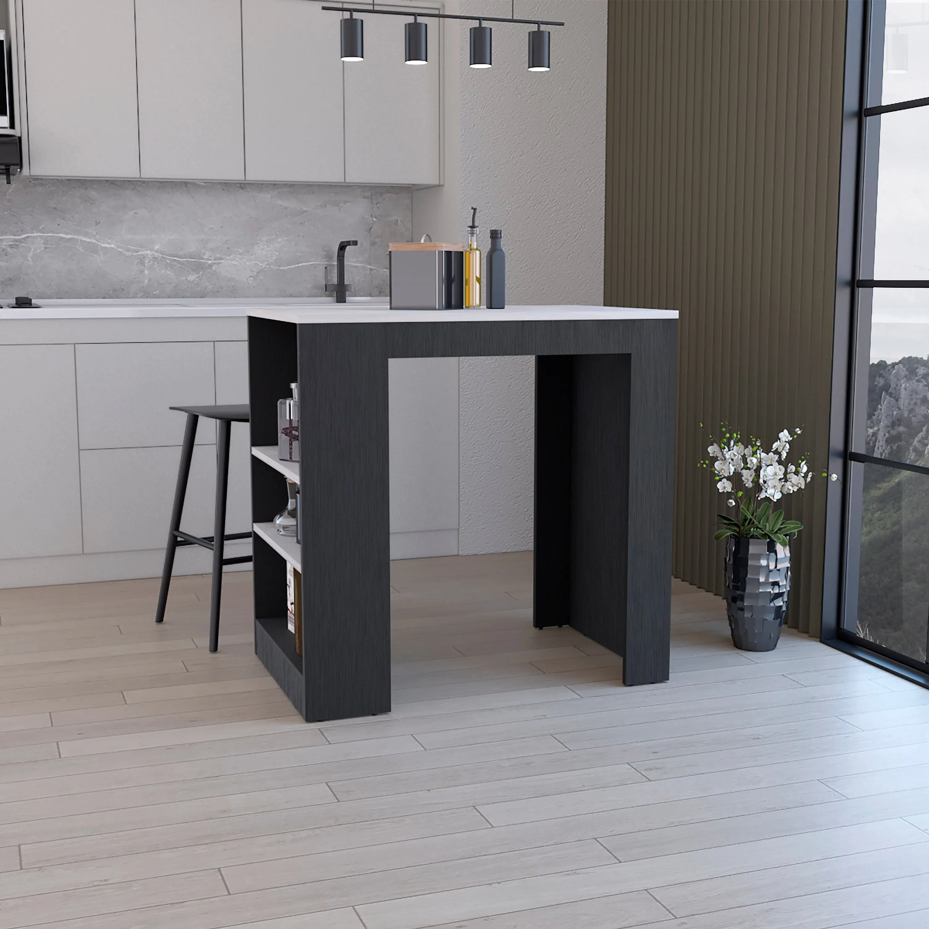 Dreamzon Furniture 36"H Modern Interior Kitchen Island - 3-Side Shelves, Storage Organizer, Space-Saving Home Bar Table, White Wengue/Black-Ibiza Marble Finish