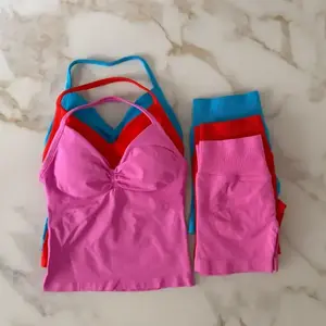 workout  women  2pcs Longline Strappy Top Workout Vest Scrunch Shorts Sports Halter Suit Fitness Clothes Seamless Yoga Halter  pickles and pins set eco friendly Sporty Breathable Outfits Sporty High Stretch