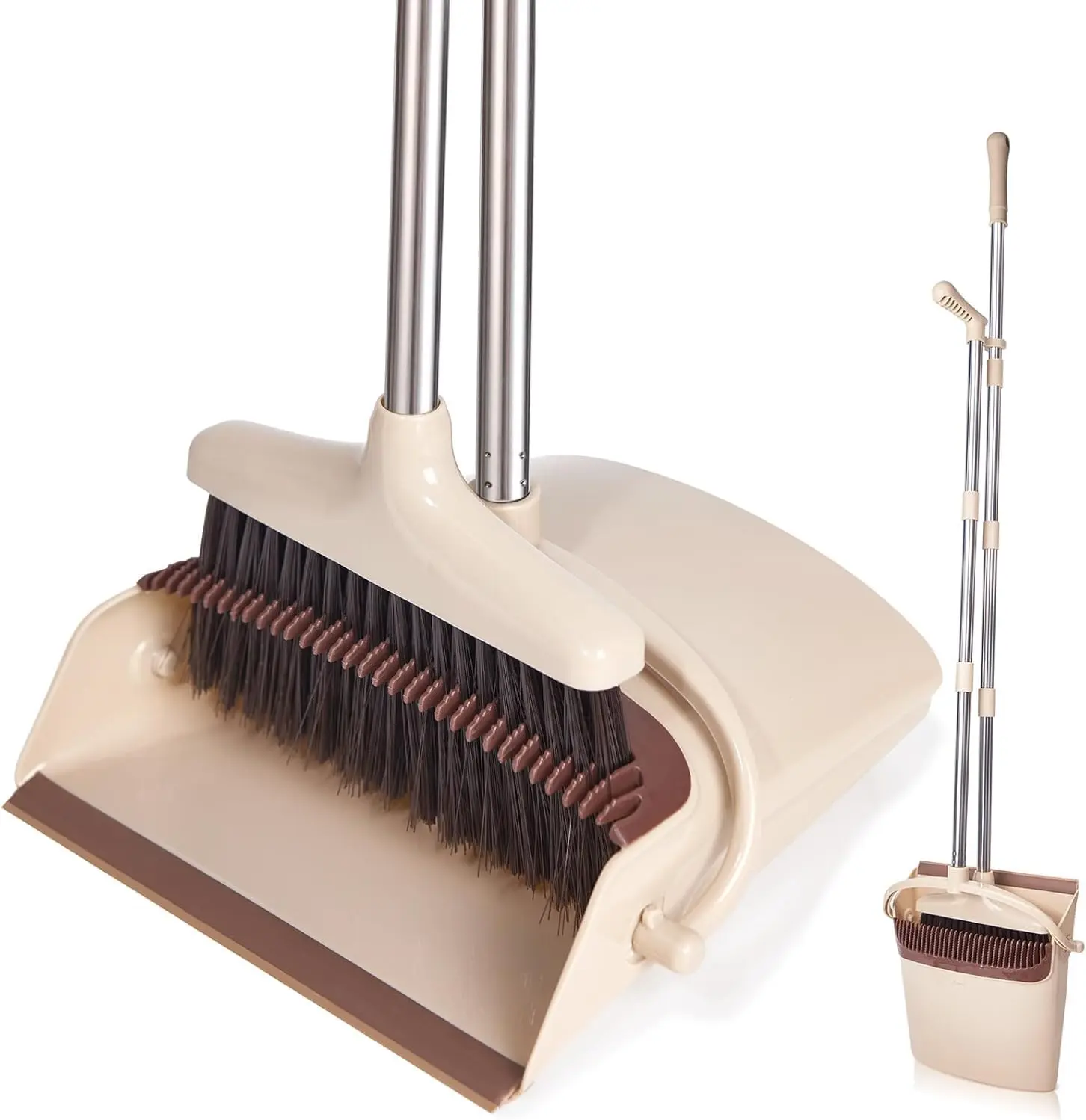 Long Handle Broom and Dustpan Set – Upright Standing Dustpan with Stainless Steel Handle, Lightweight Sweeping Combo for Home Kitchen Office Floor Cleaning & Pet Hair Removal