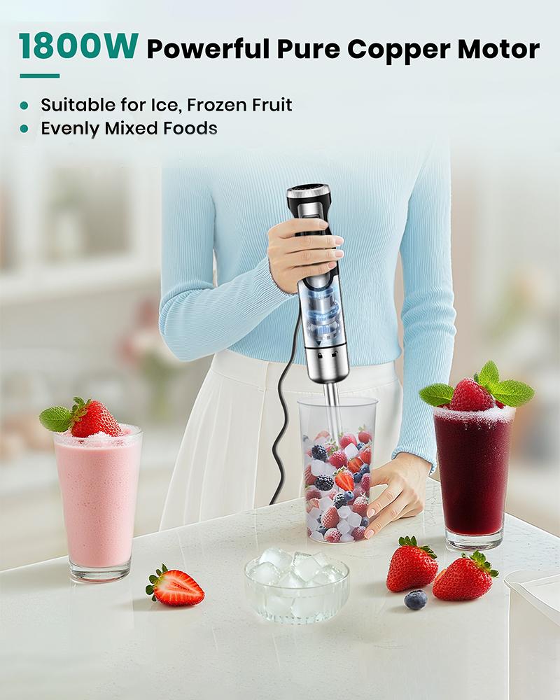 1800W ODIFORGO Immersion Blender Handheld 4-in-1 Hand Blender Stick for Ice Crushing Smoothie, Baby Food, Soup, 8 Speed Hand Mixer Turbo Boost Stainless Steel Blade with Whisk, Chopper, Beaker