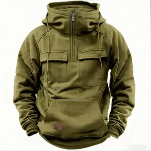 Quarter Zip Men's Oversized Tactical Hoodie with Multiple Pockets - Half Zip Up Fleece Pullover Sweatshirt for Winter Casual Outdoor Hiking
