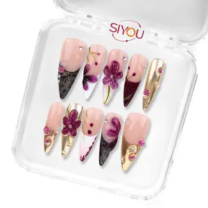 CLASSIC GOLD BLOOM Premium Handmade Press-On Nails Long-Lasting Medium Stiletto Shape Glossy Pink, Purple, Gold Finish Exquisite Accents Romantic Floral Details Vintage Hollywood Style