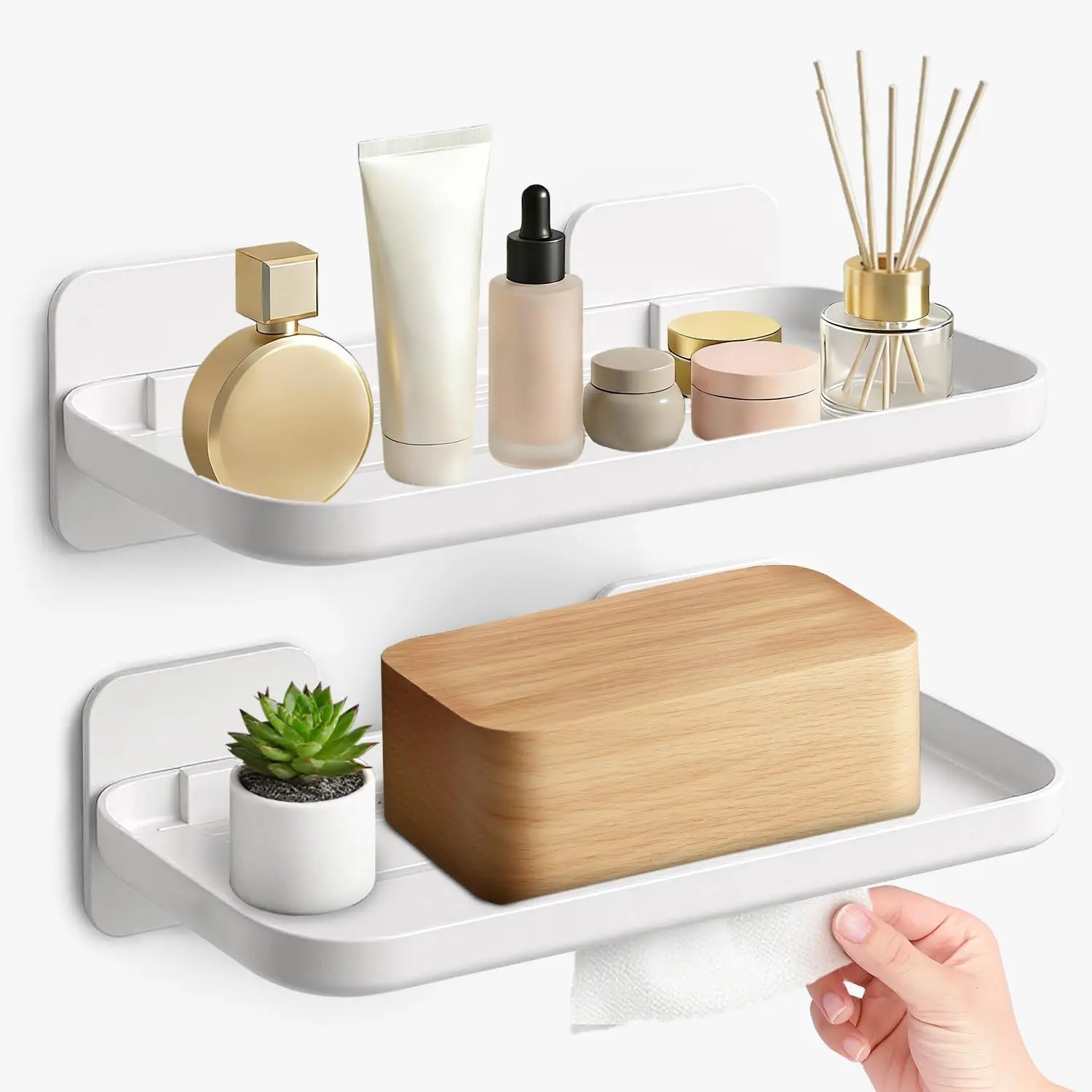 2-Pack Adhesive Floating Wall Shelves - No Drill, Damage-Free Wall Mounted Organizer with Lightweight Adhesive Tape, Easy Installation for Bathroom, Small Room (White)