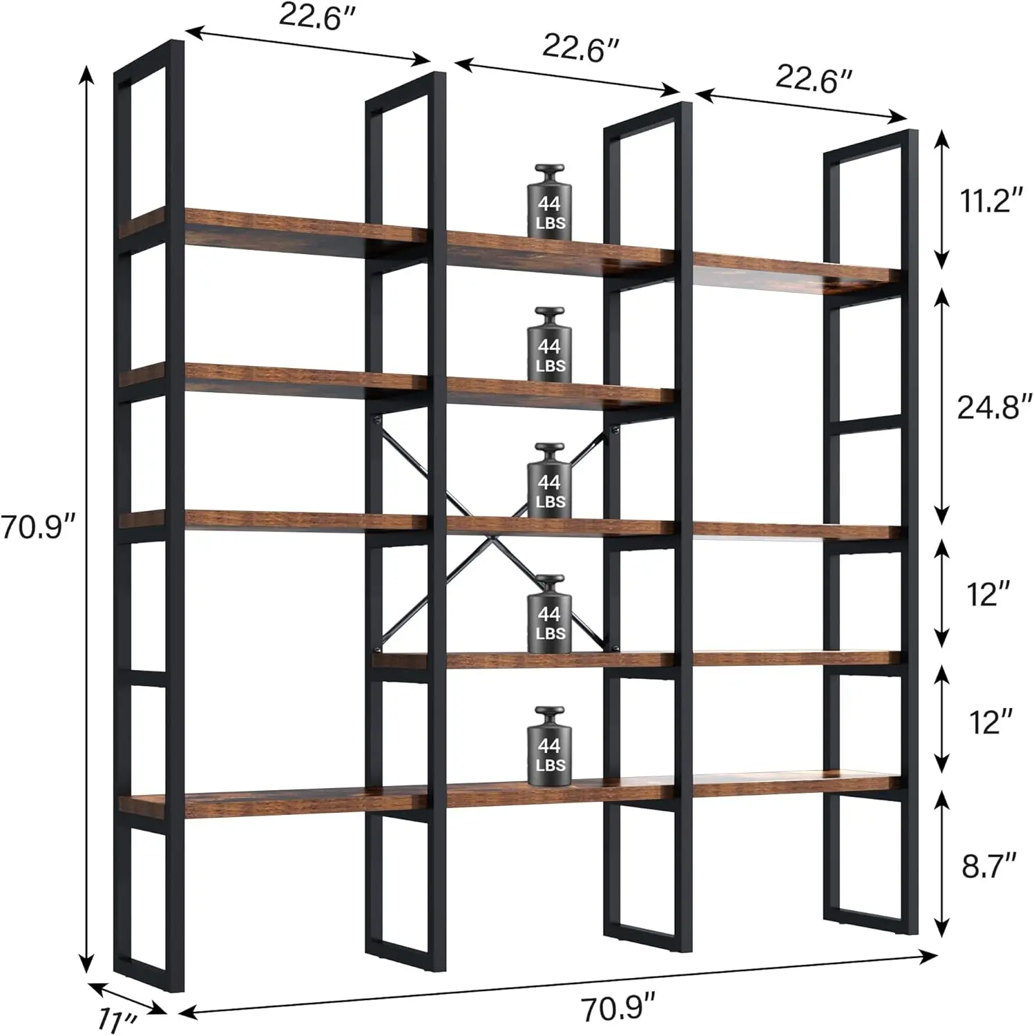Semoic 5-Tier Triple-Wide Contemporary Geometric Industrial Bookshelf - 71" H MDF+Steel Frame Freestanding Etagere, Home Library Office Inspo Clean Aesthetic Storage & Display Organizer Unit