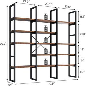 Semoic Large Bookshelf 5 Tiers, Triple Wide Geometric Bookcase, 71 Inches Tall Industrial Book Shelves Etagere Book Case, Sturdy Metal Frame, Freestanding Display Shelving Unit