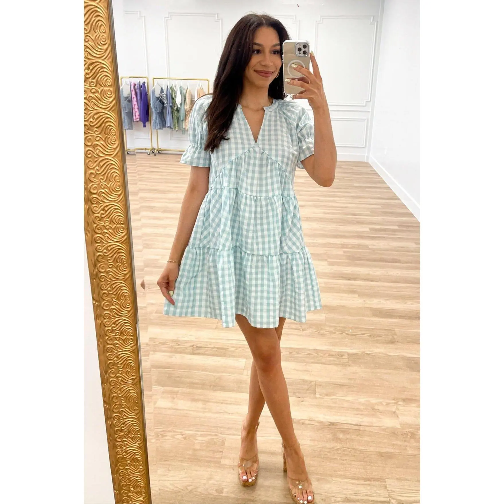 Bree Gingham Tiered Dress: Blue - TikTok Shop Bree Gingham Tiered Dress: Blue - TikTok Shop