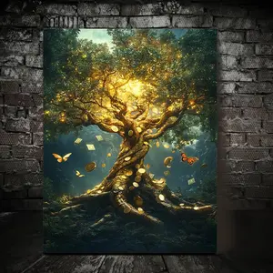 1pc Magic Money Tree Canvas Art with Golden Coins and Butterflies |   Wooden Frame Wall Decoration for Bedroom or Living Room, Directly Hangable, Lucky Amulet Home Decoration, Whimsical Design with Vibrant Colors, Classic Style	