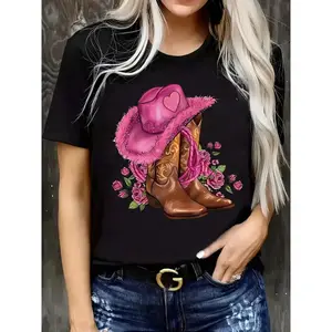 Plus Size Women's Casual Short Sleeve T-Shirt - Vibrant Boots & Hat Print, Comfortable Spring & Summer Top, Relaxed Fit, Soft Fabric, Easy Care, Perfect for Daily Wear  Golf Gift T-Shirt For Men and Women