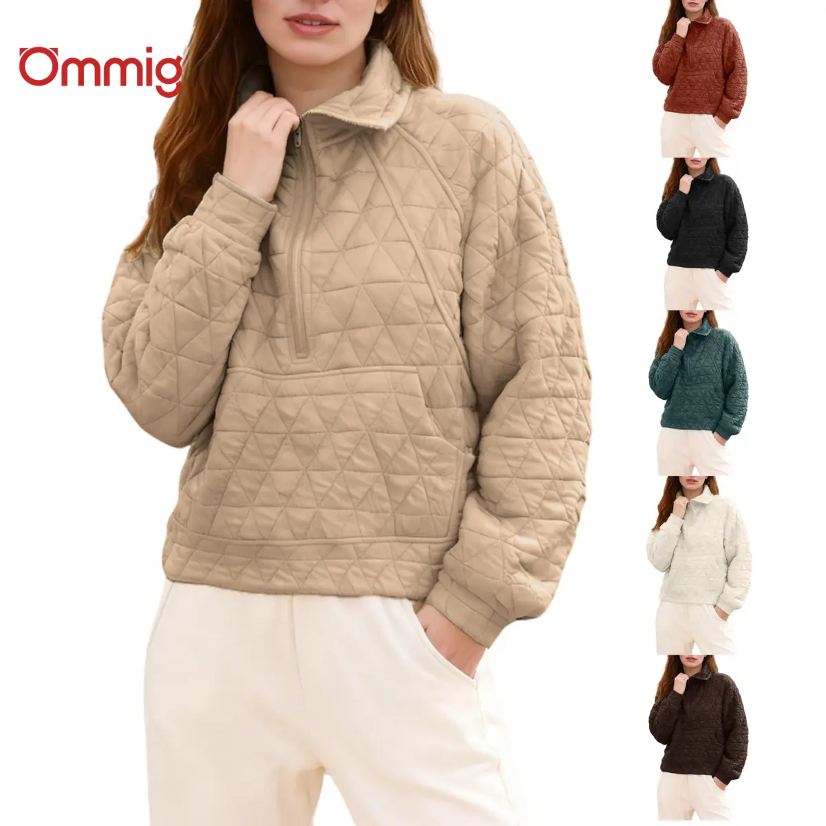 Ommig Women's Quilted Puffer Jacket - High Neck, Half-Zip Pullover, Long Sleeves, Long, Loose-Fitting, Lightweight, Warm, Minimalist Basic Fall Casual Outerwear, 93% Polyester 7% Spandex