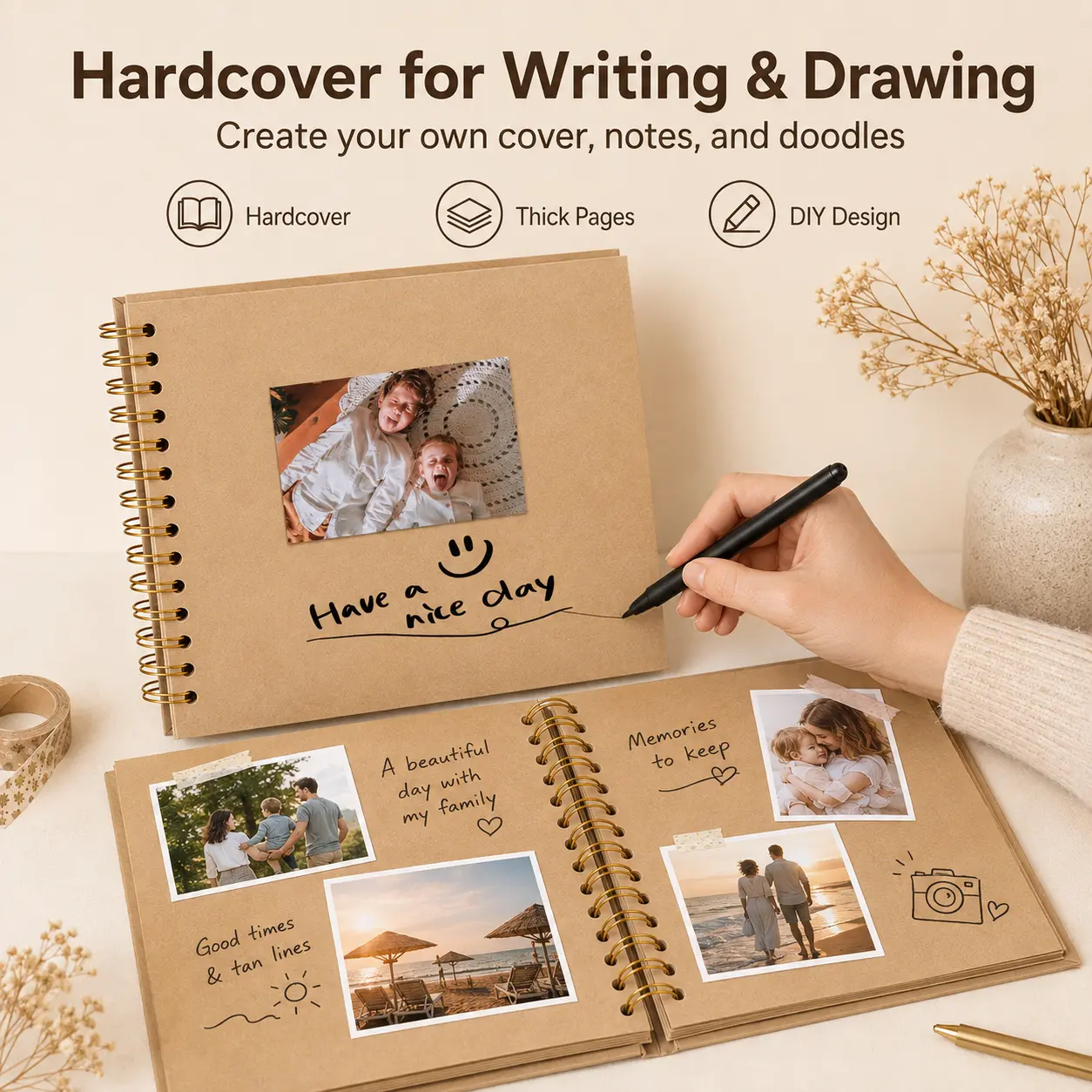 Hardcover Kraft Paper Scrapbook Photo Album (8x8/10x10 Square Sizes) - DIY Customizable Scrapbooking Book with Blank Pages for 4x6/5x7 Photos, Wedding Guest Book, Baby Keepsake, Gift Idea