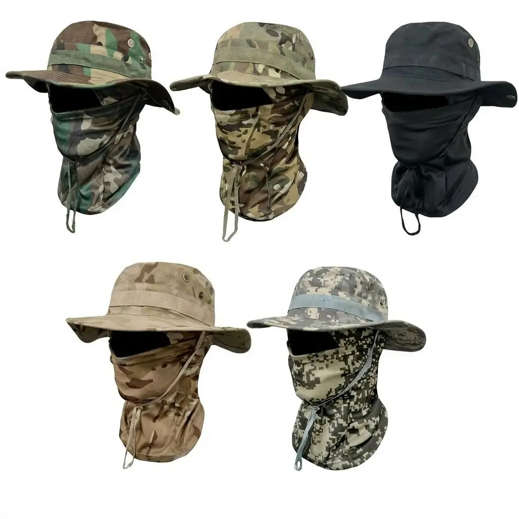 Yeomoo Camouflage Fisherman Hat with Mask,  Outdoor Bucket Hat Set, Boonie Hat, Detachable Neck Flap & Face Cover for Sun Protection, Breathable Mesh Vents for Hiking, Camping, Fishing, and Tactical Outdoor Activities