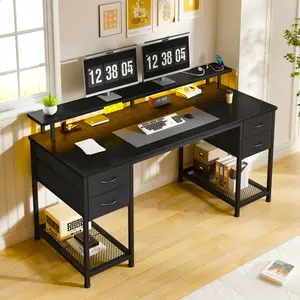 【HomeOffice Desk】Raybee 47" Sturdy Computer Desk with 4 Drawers,Study Writing Tabel with LED,Super Cool Gaming Desk with 4 Power Outlets & USB Ports,Office Desk with Monitor Stand & Computer Case Bracket,He will surely thank you