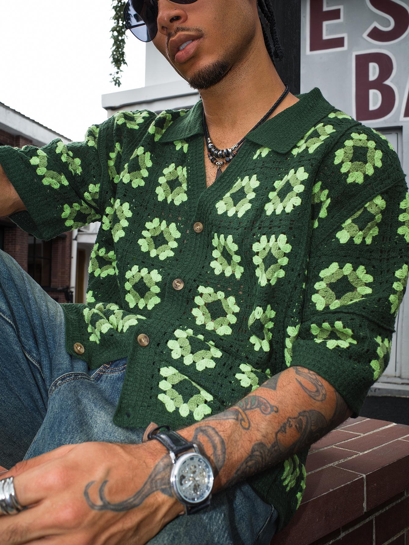 Men's Summer Cool Knitted Short-Sleeve Shirt Baby Blue Boho Vacation Casualwear Loose Fit Collared Button Closure All-Over Print Menswear Acrylic Knitwear