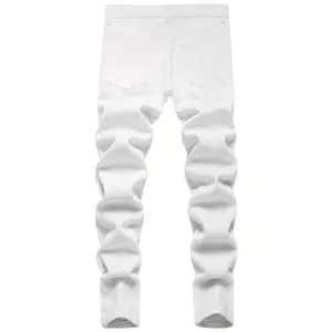Boys' White Distressed Slim Straight Jeans - Mid-Waist Button Closure, Machine Washable, All-Season Casual Street Style Pants