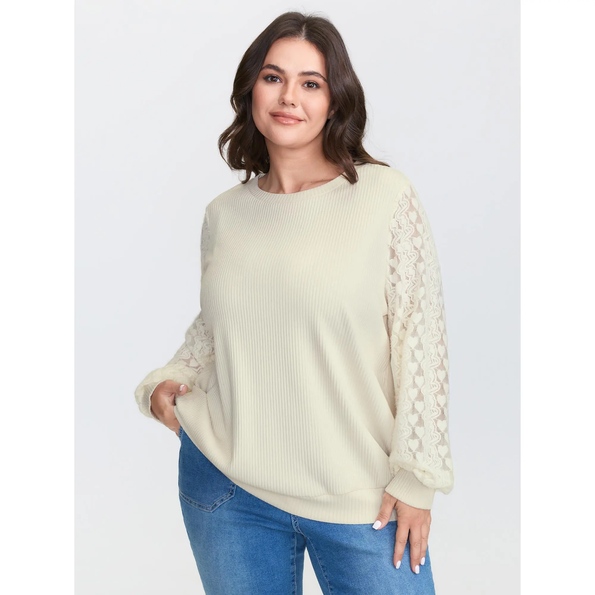 【All-Day Comfort】Bloomchic Lace Contrast Sleeve Ribbed Sweatshirt Fit Fabric ,Summerfinds Fit Womenswear Garment Tops