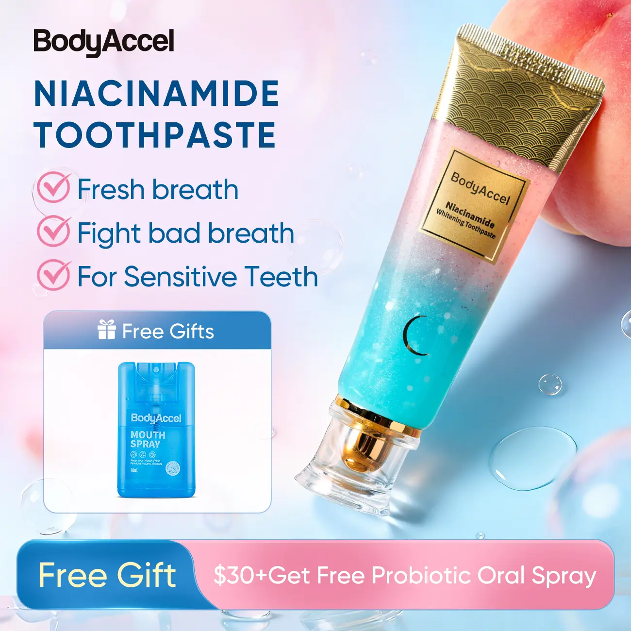 【V】BodyAccel Niacinamide【Triple Whitening】Toothpaste for Daily Fresh Breath & Stain Removal, Fluoride-Free, 3.5oz