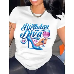 Women's Casual Birthday Diva Graphic T-Shirt - Wine Glass & High Heel Print Crew Neck Short Sleeve Top for Spring Summer Fall, Machine Washable Party & Celebration Apparel, Birthday Shirts, Fall Festive Clothing