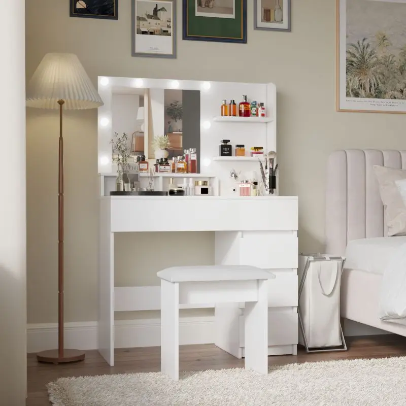 Sturdy White 37-in Makeup Vanity Desk Set - 37" Wide Work Zone, Cushioned Stool, Lit Mirror, Power Strip with Charging Ports, Drawer, 3 Lighting Modes, Adjustable Brightness, Anti-tip Safety, Beauty Storage, Interior Organization, Vanity Aesthetic