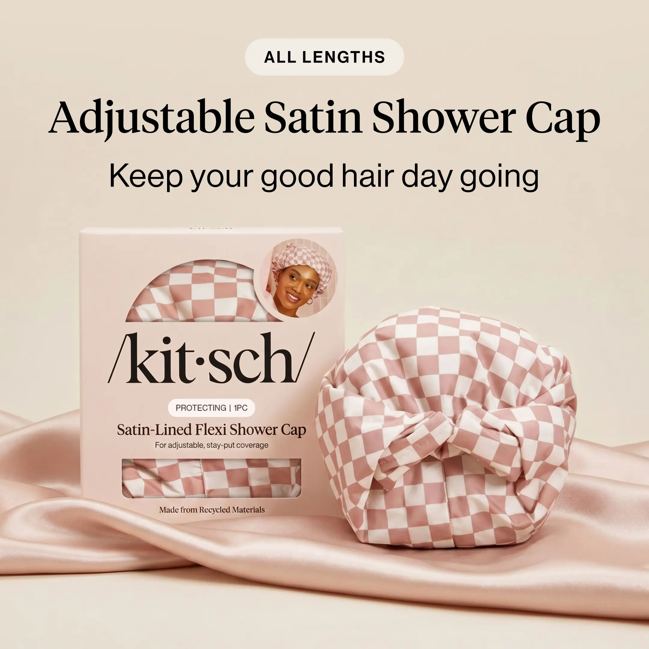 All Lengths Adjustable Satin Shower Cap - Kitsch Reusable Waterproof Cap for Long & Short Hair - Blowout, Silk Press & Braids Protection