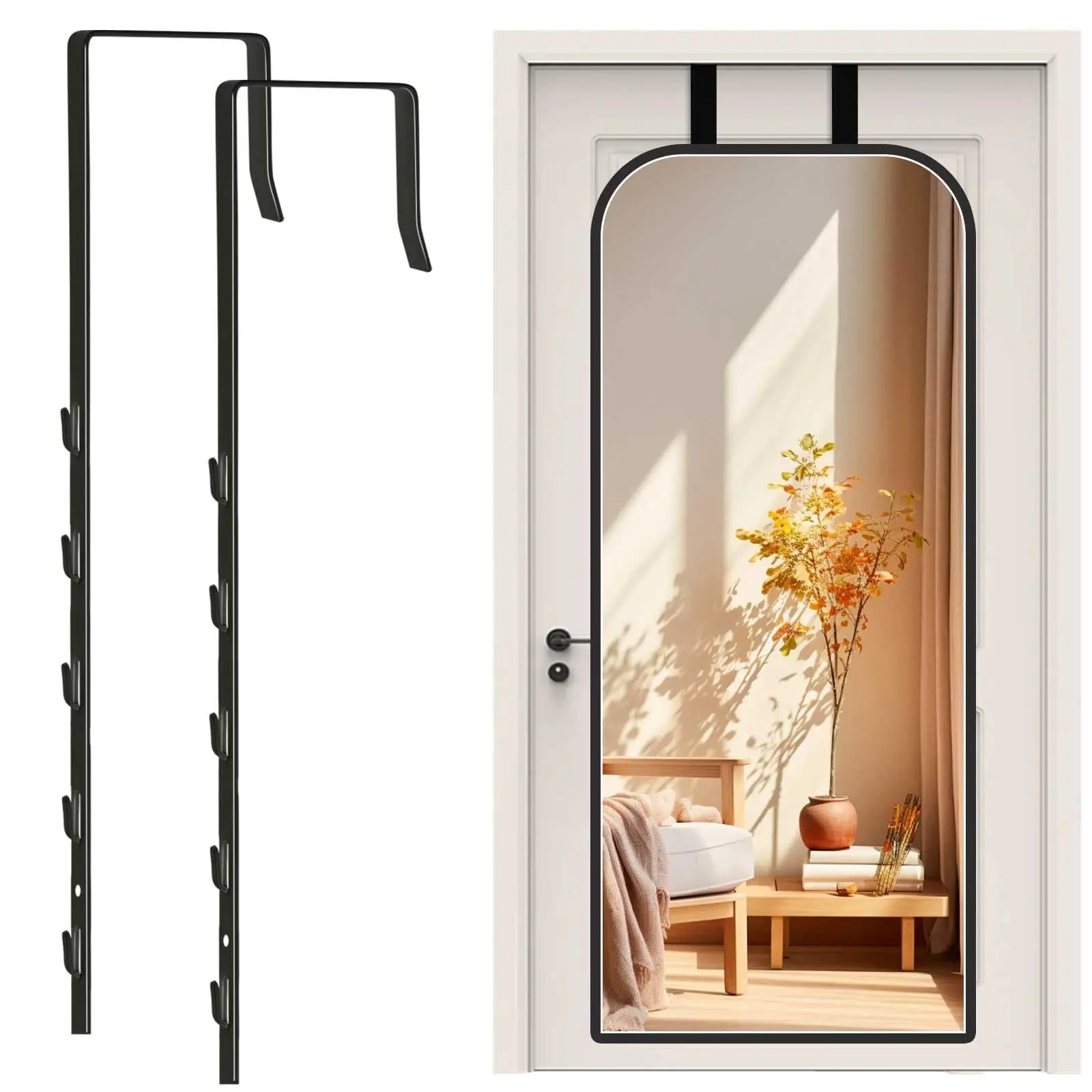 Over-The-Door Mirror Hanger, Adjustable Door Mirrors Hanger Set with Protective Lining, 2 Pcs Door Brackets Perfect Height and Fit (Mirror Not Included)-Black