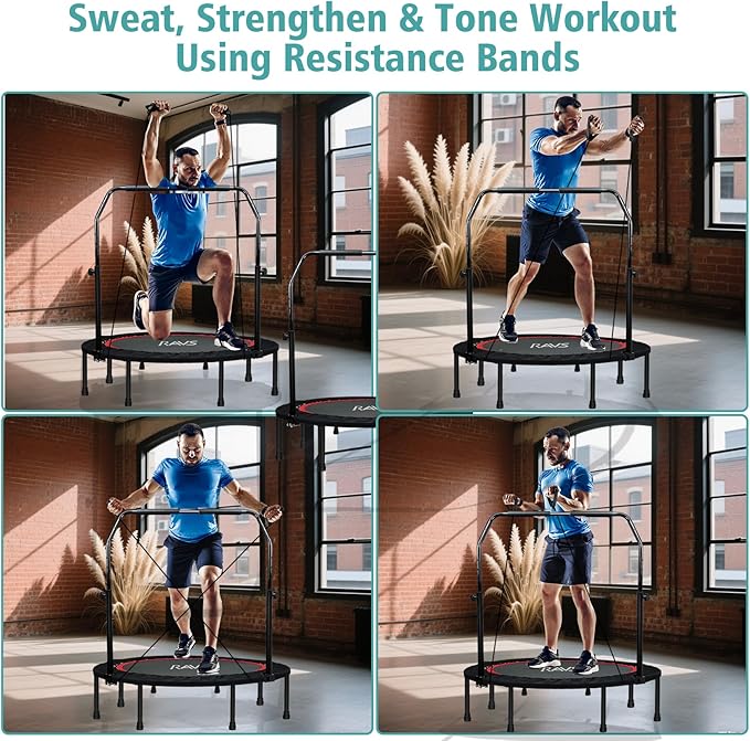RAVS 450 LBS Foldable Mini Trampoline for Adults &Kids 40"/48"Rebounder Trampoline with Adjustable Foam Bar forIndoor Workout Fitness