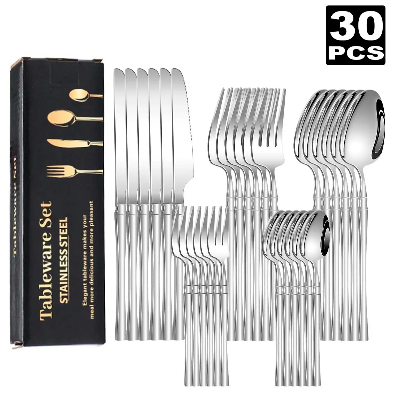 30-Piece Stainless Steel Tableware Set for 6 - Mirror-Polished Knives, Forks, Spoons, Teaspoons, Dessert Forks, Sturdy Metal Kitchen Utensil Set, Stylish Modern Dishwasher-Safe Kitchen Essentials, Modern Tableware Sets