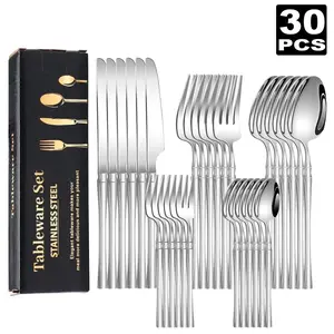 30-Piece Stainless Steel  Set for 6-Mirror-Polished Knives, Forks, Spoons, Teaspoons & Dessert Forks,Durable and Dishwasher-Safe Tableware Kit, ,kitchen，kitchen accessories，kitchen essentials，knives kitchen set，kitchen supplies  silverware gold tiktokshop