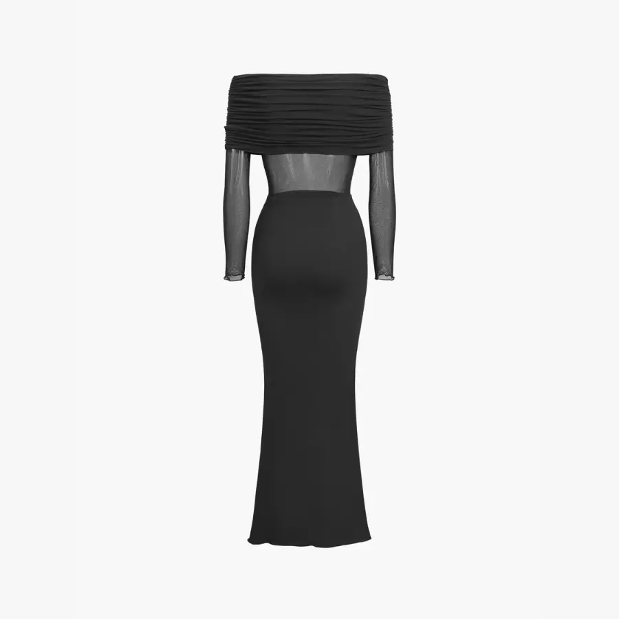 Women's Overfold Off-Shoulder Mesh Long-Sleeve Casual Dress, Basic Longsleeves See-Through Casual Wear for Daily Outings, See Through Casual Dresses