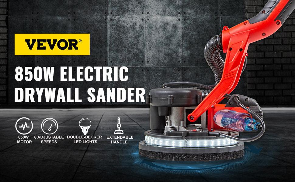 【Father's Day】VEVOR Drywall Sander 850W, Variable Speed 800-1750 RPM, Foldable Sheetrock Sander with Telescope Handle, LED Strip Light, Vacuum Bag & Gloves Heavy Duty Power Tools