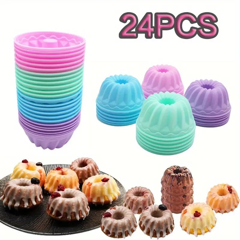 24pcs Silicone Mafen Cup Set, Non-Stick Mini Fluted Cake Cups, 2.5 Inch Spiral Cake Molds, Heat Resistant Bakeware for Bagel, Muffin, Jelly And Cake Baking tool kit camping gear(12 Small + 12 Large)