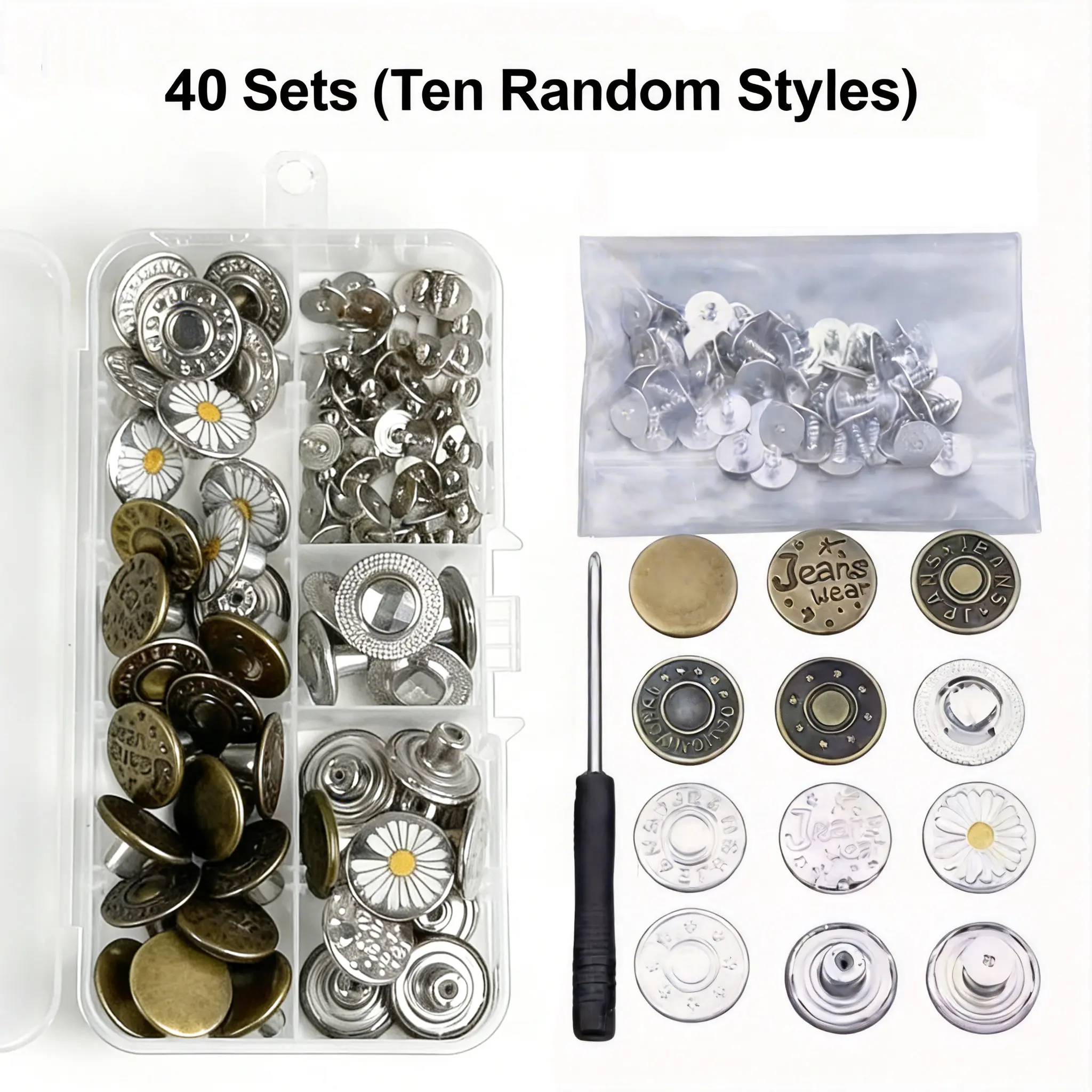 40 Pcs 17mm Adjustable Removable Metal Jean Snap Tacks | No-Sew Nailess Jean Button Replacement & Repair Combo Kit with Thread Rivets and Screwdrivers