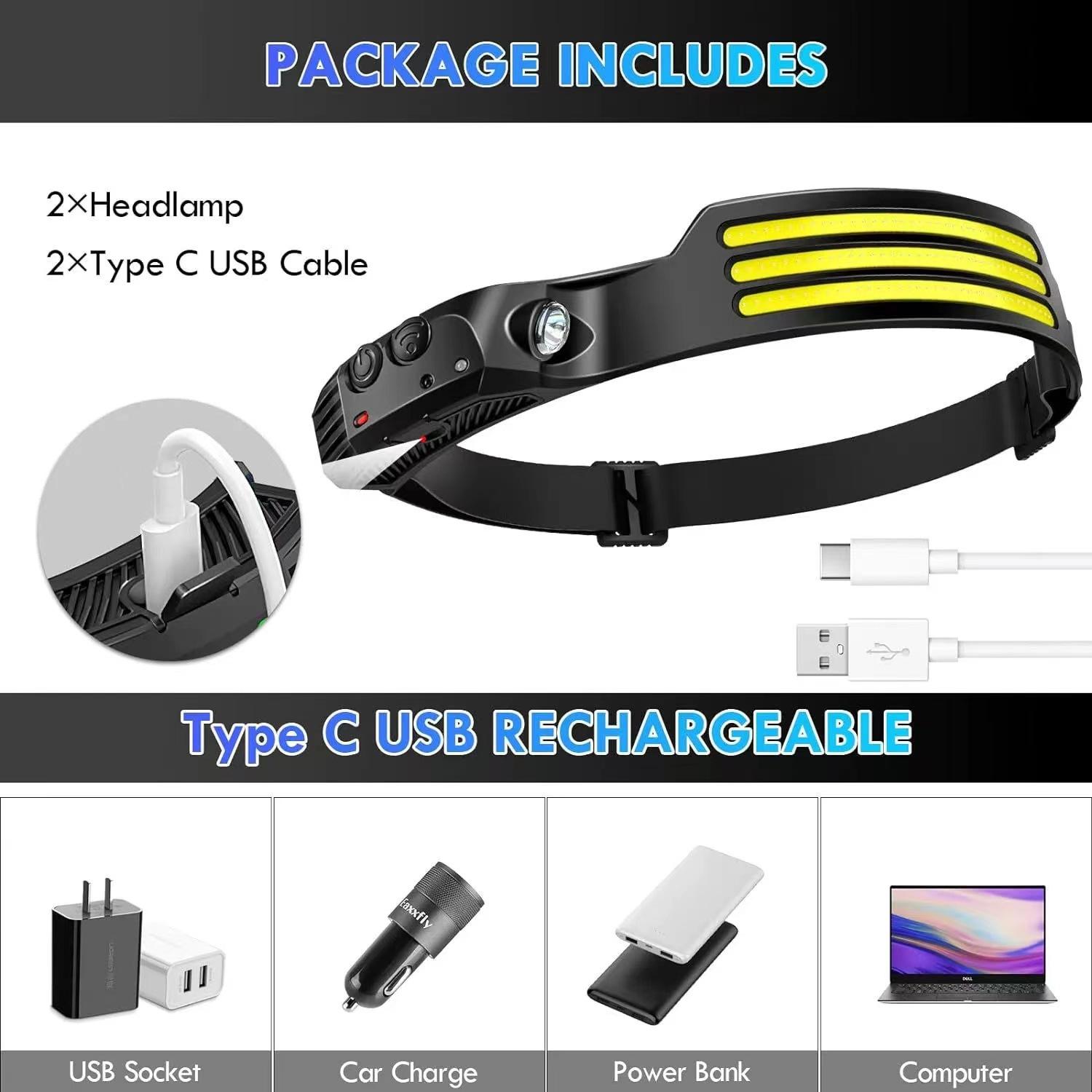 <Local Delivery>Multi-functional COB Sensing Headlamp Type-C Strong Light Portable Headlight Intelligent Induction Flashlight for Fishing,Mountaineering,Reparir and Holiday Gift