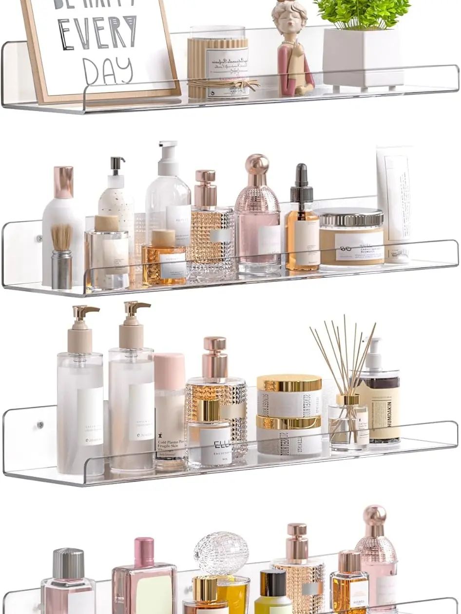 4 Pack Acrylic Shelves for Bathroom Storage, 15- for Perfume, Make up, Skincare, Kids Bookshelf for Bedroom, Nursery, Living Room Decor, Clear.