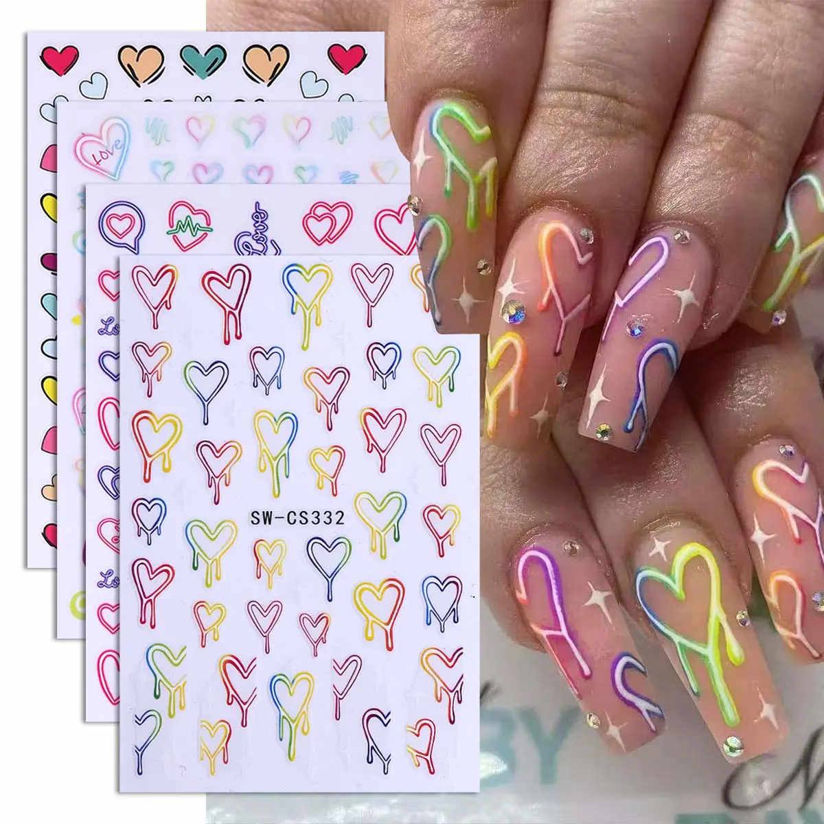 4 Pcs Neon Heart Transferable Nail Art Stickers, Colorful Gradient Love Design, Valentine's Day Nail Decals, DIY Nail Art, Suitable for Women and Girls