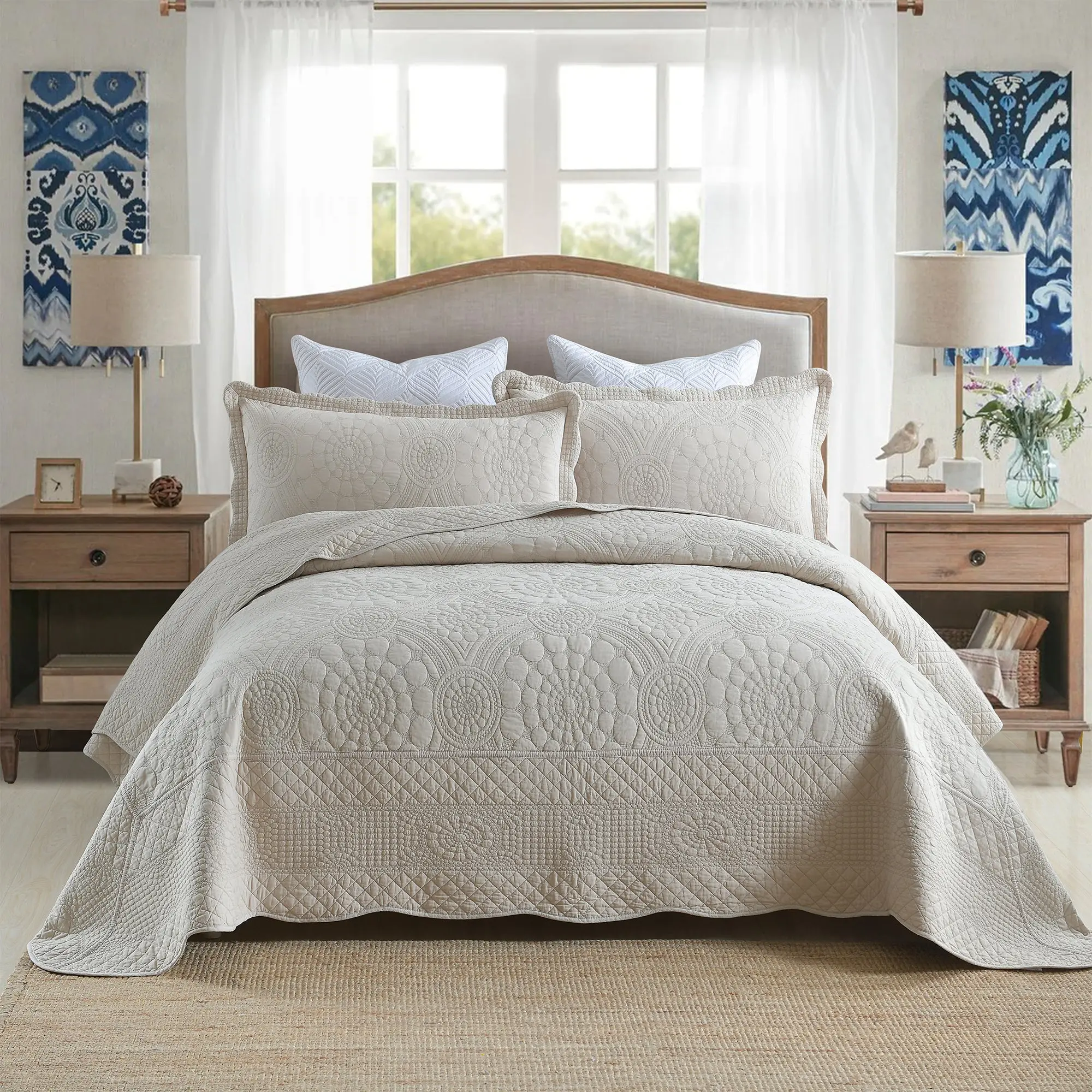 3 Pieces Luxury 100% Quilted Bedspread Set -Oversized Bed Cover with 2 Pillowshams