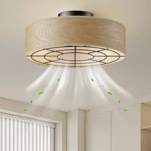 Modern Wood Grain Ceiling Fan with Light, Low Profile Flush Mount Ceiling Fan with Remote Control Quiet Reversible Bladeless Ceiling Fan for Bedroom and Living Room