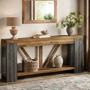 LITTLE TREE  70.9" Extra Long Entry Table, Farmhouse Wood Console Table with Storage, Modern Accent Sofa Table Behind Couch Foyer Tables for Entryway, Living Room, Entrance, Rustic Brwon
