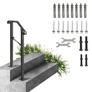 Arch#1 Black Wrought Iron Outdoor Handrails - Flexible Fit for 1-2 Step Concrete/Wooden Stairs & Porch Railing
