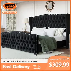 AMERLIFE Modern Bed Frame with Wingback Headboard, Velvet Upholstered Bed Frame with Handmade Button Tufted & Nailhead, Wooden Slats Support/Luxury Bedroom Furniture/Queen/King/California King Size/Best Gift Ideas/Christmas Gifts