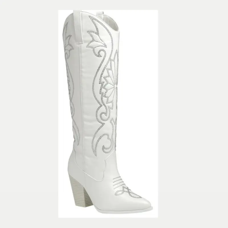 White Knee High Boots With Bling Accent