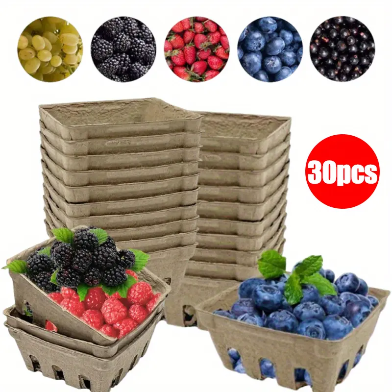 30pcs Natural Pulp Fiber Food Fruit Organiser Baskets - Brown Molded Design, Ventilation Slits for Berries, Vegetables - Ideal for Farmers Markets, Backyard Parties