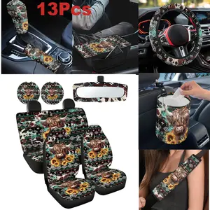 Highland Cow Car Seat Covers Full Set, Western Aztec Accessories Set for Women Men, Steering Wheel Cover + Coasters + Armrest Seatbelt Pads + Trash Bag, Fit Most Sedan Auto