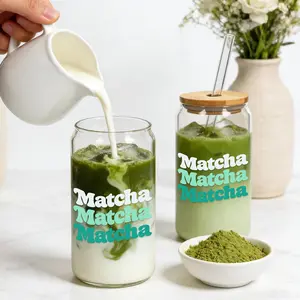 Matcha Cup, 18 OZ Cute Glass with Lid and Straw, Matcha Drinking Cup Perfect for Iced Coffee Smoothie Cocktail Milk
