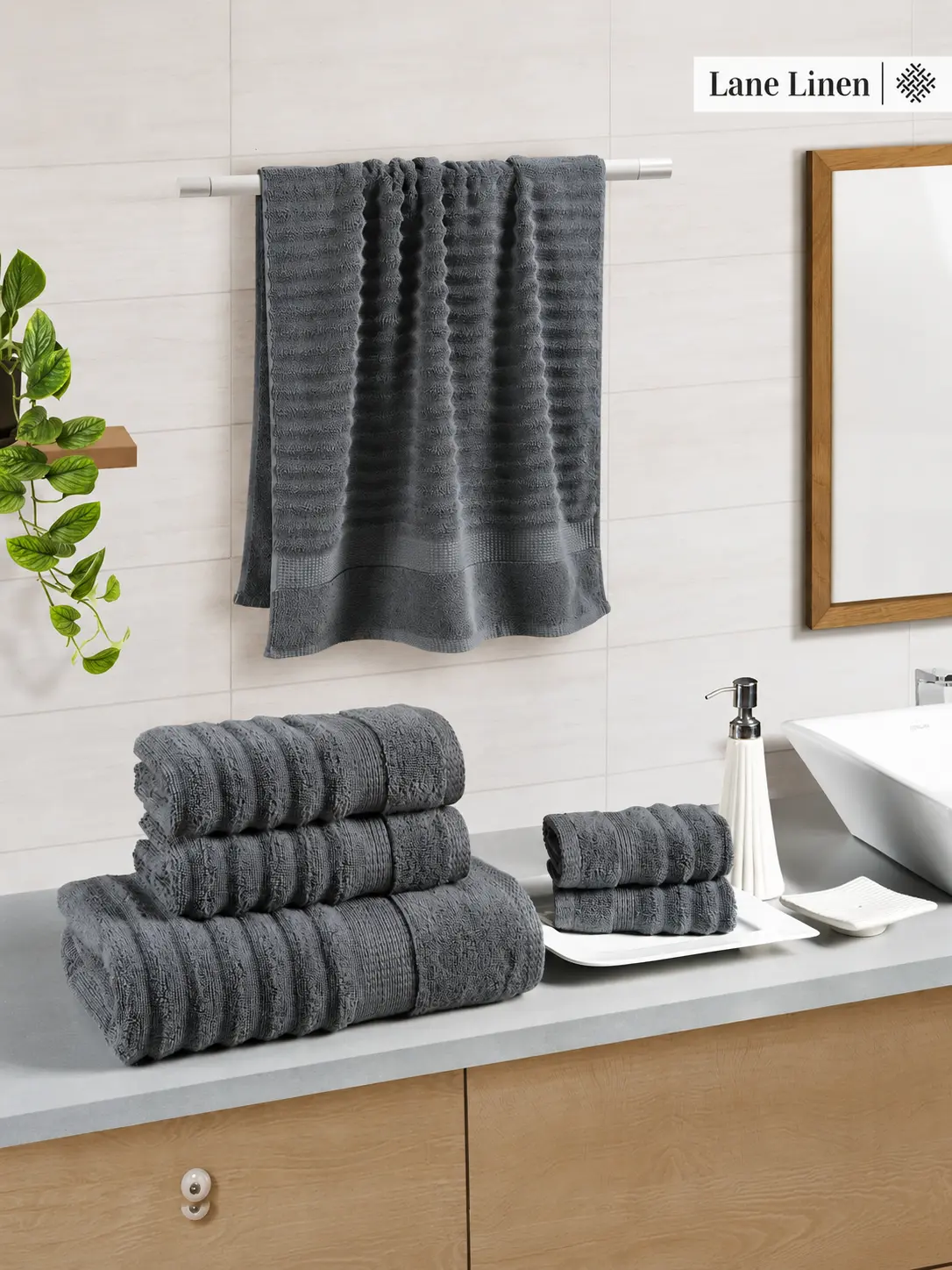 LANE LINEN Luxury Ribbed Bath Towel Set, 6 Piece - 100% Cotton, Zero Twist, Soft & Absorbent Towels for Bathroom, Shower, Spa - 2 Bath, 2 Hand, 2 Washcloth