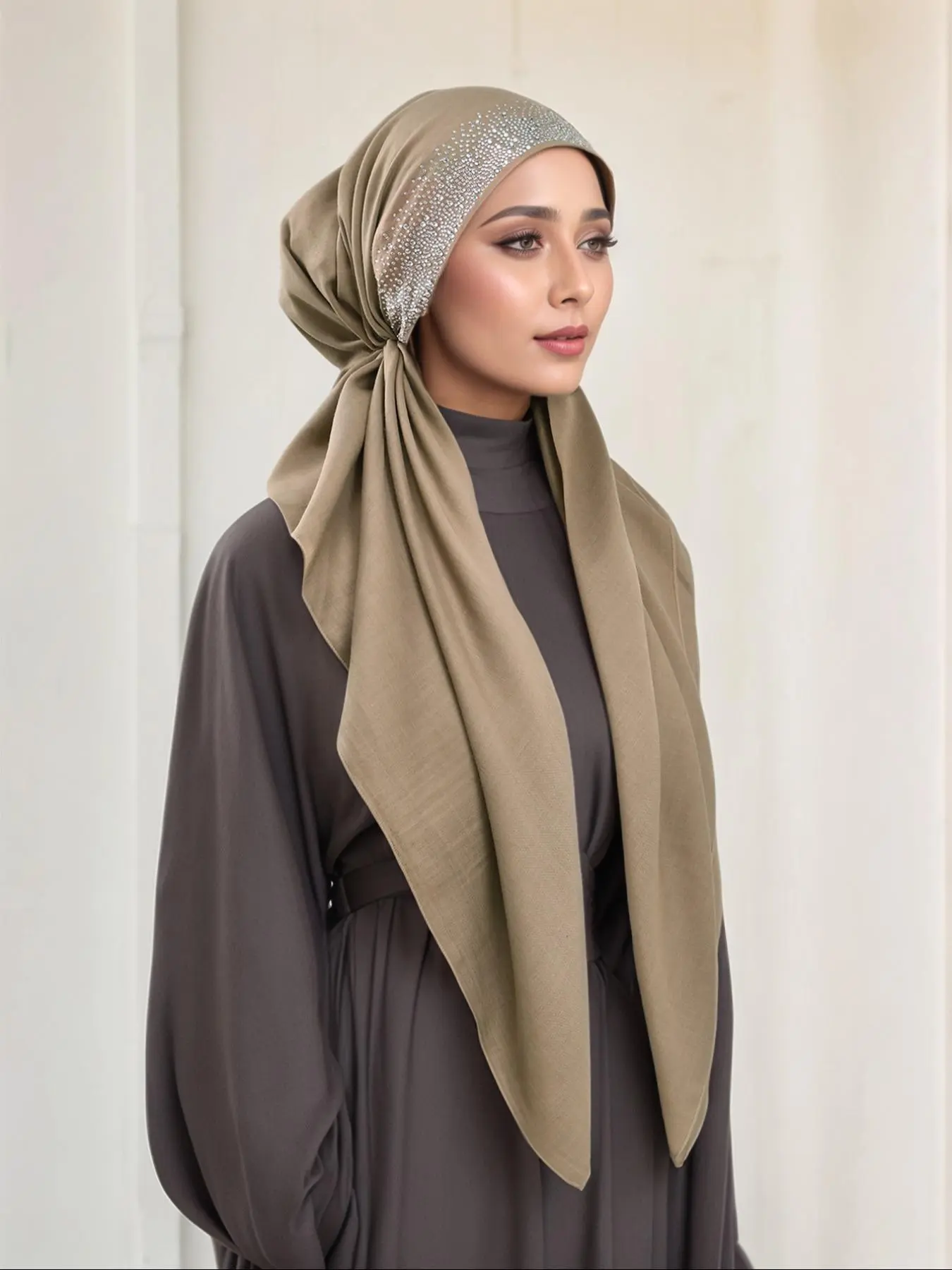 Women's Solid Color Rhinestone Decor Instant Hijab, Modesty Hijab, Modest Fashion Breathable Hijab for Daily Wear, Women's Islamic Clothing for All Seasons, Fashionable For Muslim