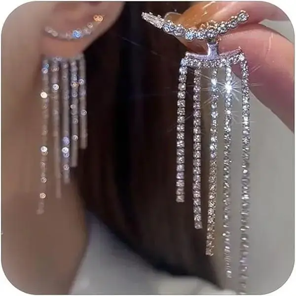 Prom Earrings Silver Jewelry for Prom Dresses 2026 Rhinestone Earrings for Women Sparkly Long Tassel Chandelier Earring Dangling Wedding Party Formal Evening Dress Accessories